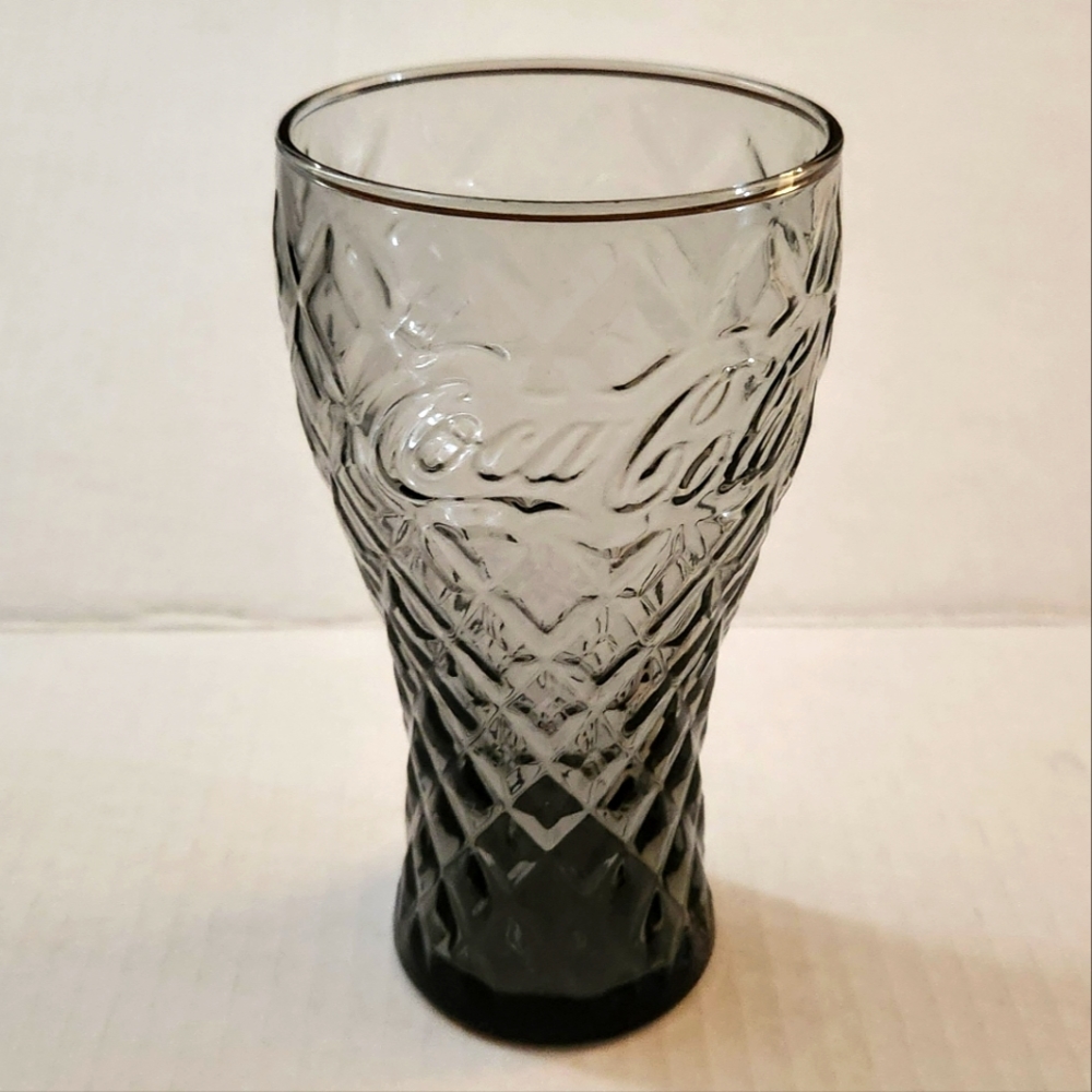 Coca Cola Diamond Spiral Pattern Smokey Glass Collector Coke Drinking Glass 12oz
